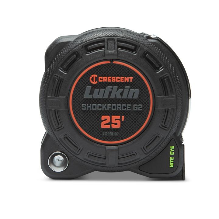25-foot Lufkin Shockforce G2 tape measure with durable casing, Nite Eye feature, and Crescent branding on front face