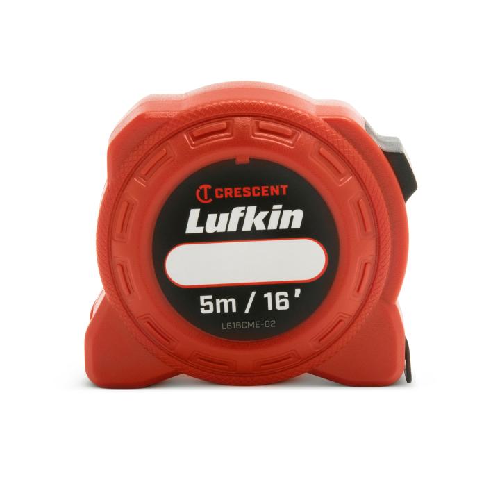 Red and black Lufkin Crescent 5m 16ft measuring tape with robust casing and model number L616CME-02 visible on front label