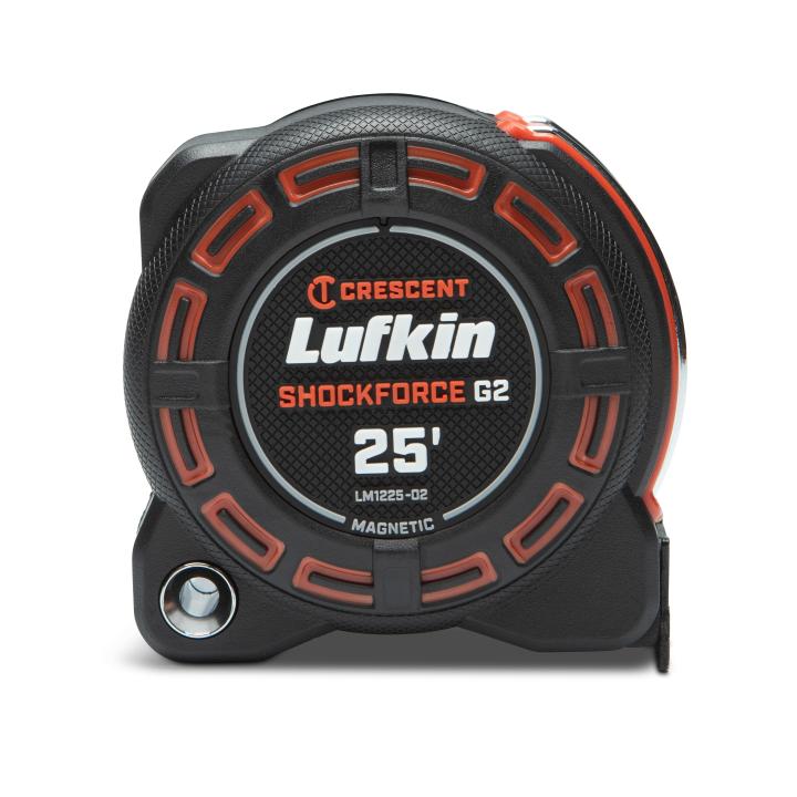 25-foot Crescent Lufkin Shockforce G2 magnetic tape measure with durable black and orange casing
