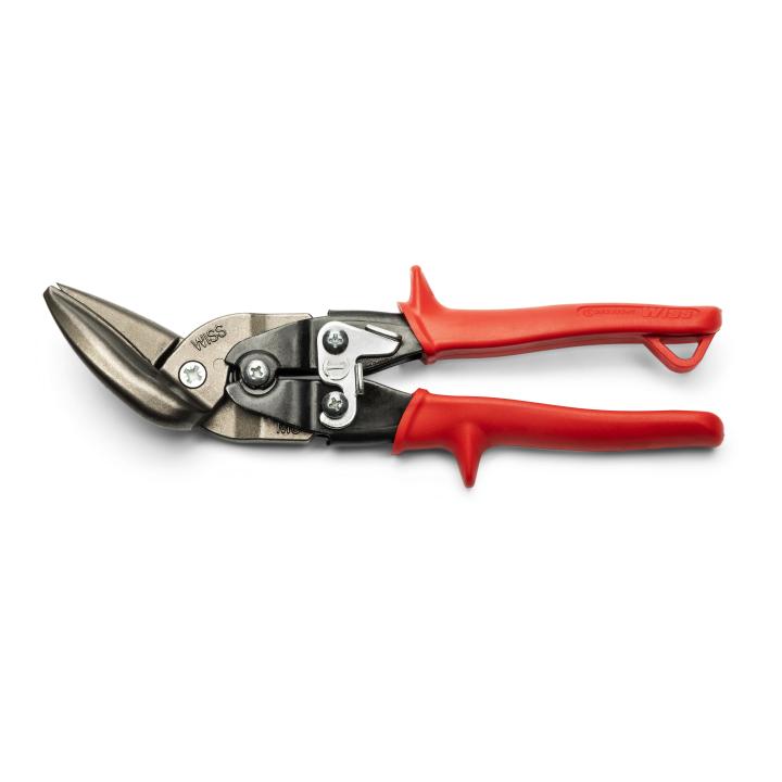 Wiss offset metal cutting snips with 30-degree angled blades and red ergonomic handles for improved control and comfort