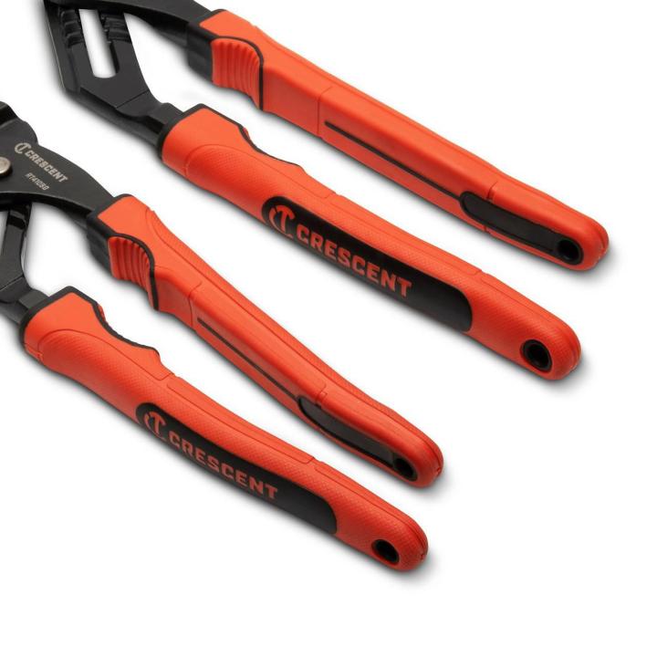 Set of 2 Crescent RT400SGSET2R-05 V-Jaw pliers with unique teeth grip and protective red and black handles