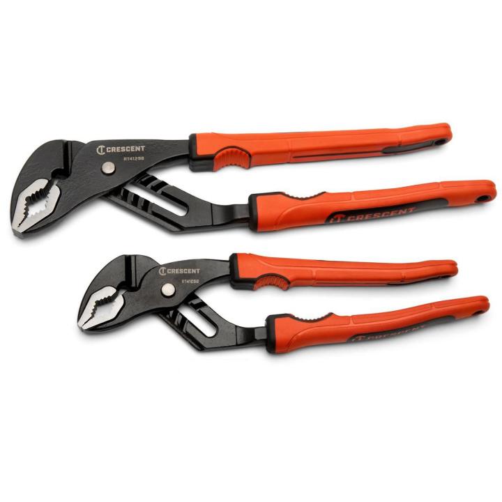 Set of 2 Crescent V-Jaw pliers with unique teeth, ergonomic orange handles, providing high torque and grip efficiency