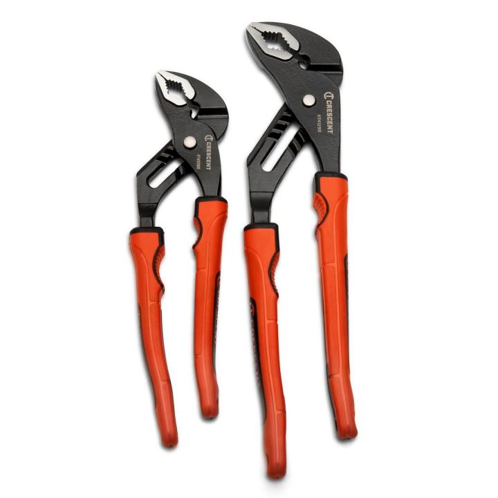 Set of 2 Crescent V-jaw pliers with unique teeth design and ergonomic red handle for enhanced grip and torque efficiency