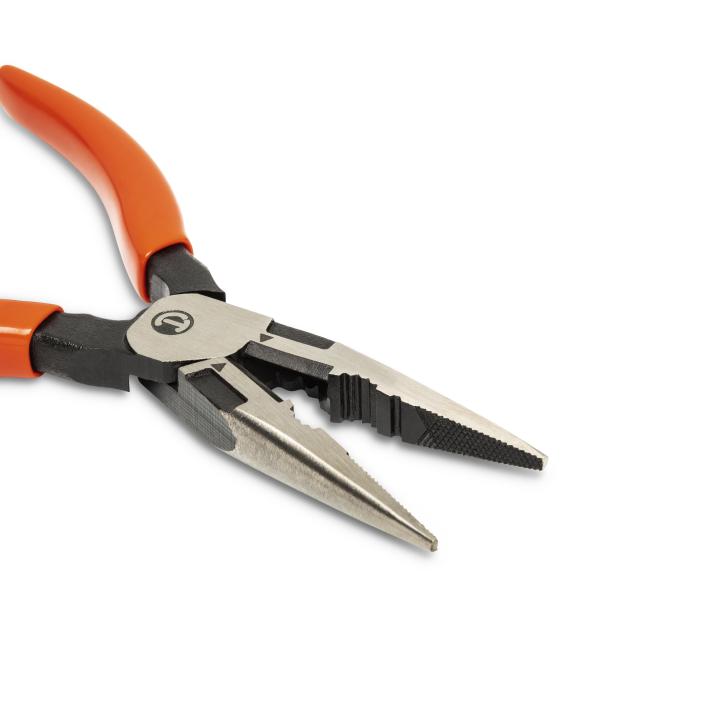6-inch Crescent Z6546-06 long nose pliers with orange handles, precision tips, and strong gripping teeth for professional use