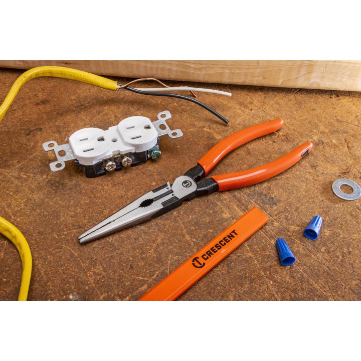 8'' Crescent long nose pliers with orange handles, precision tips for gripping and cutting in electrical work