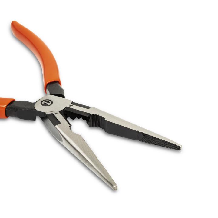 8-inch Crescent Z6548-06 long nose pliers with orange ergonomic handles and precision cutting edges