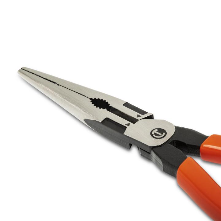 8-inch Crescent long nose pliers with serrated jaws and ergonomic orange and black handles for professional use