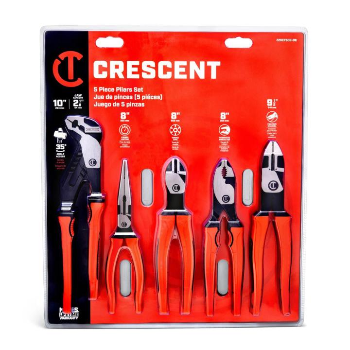 Set of 5 Crescent Z2 professional pliers including adjustable wrench, needle nose, and cutting pliers with ergonomic handles