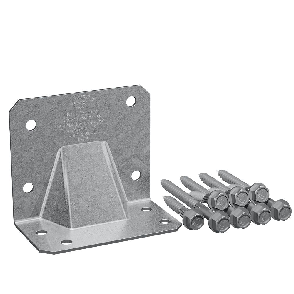 Galvanized steel Hurricane Tie HGA10KT angle gusset with ten hex head SDS screws included in kit