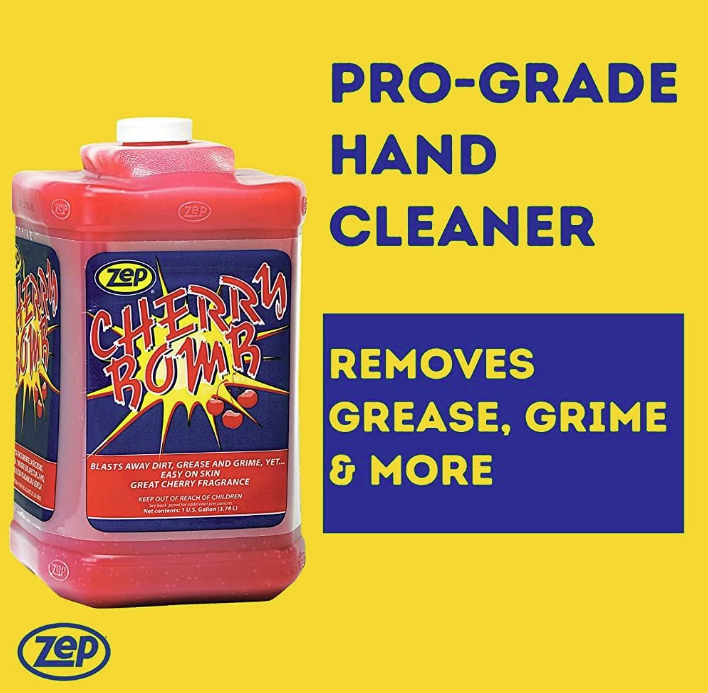 4-gallon Zep Cherry Bomb pro-grade hand cleaner for removing grease, grime, ink, and industrial soil residues