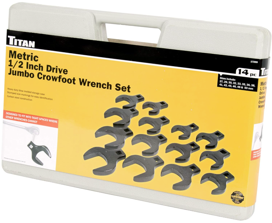 14-piece metric 1/2 inch drive jumbo crowfoot wrench set with carbon steel construction and sturdy plastic case