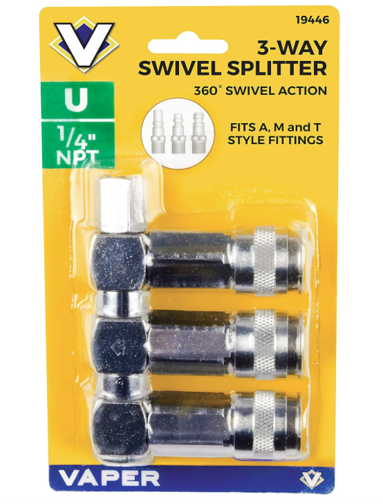 3-way swivel splitter with 1/4" NPT fitting, 360-degree swivel, compatible with A, M, and T style fittings