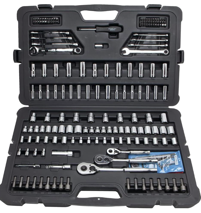 201-piece socket and wrench set with SAE and metric sockets, ratchets, hex keys, and screwdriver bits in carrying case