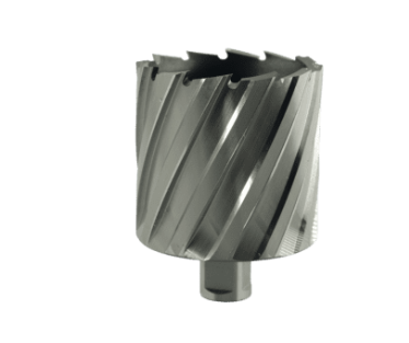 7/16" x 2" Unibor annular cutter with M2 HSS, custom geometry, pilot pin, and Weldon shank for soft steel and metals