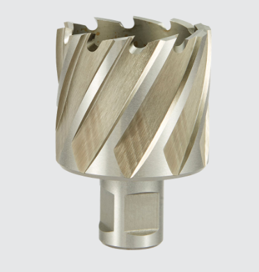 Unibor 1-3/8" x 1" annular cutter with pilot pin and Weldon shank, designed for soft steel and softer metals