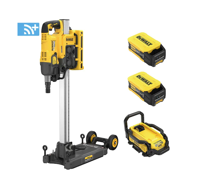 DeWalt 60V MAX cordless core drill Powershift with adjustable stand, two batteries, and charger, industrial-grade design