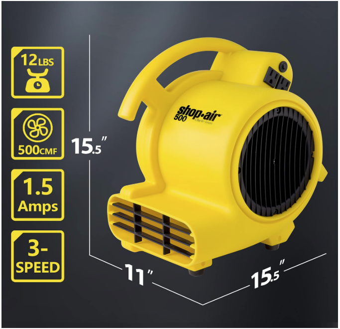 Yellow Shop-Air 500 pneumatic blower with 3-speed settings, 500 CMF airflow, 12 lbs weight, and 1.5 amps power rating