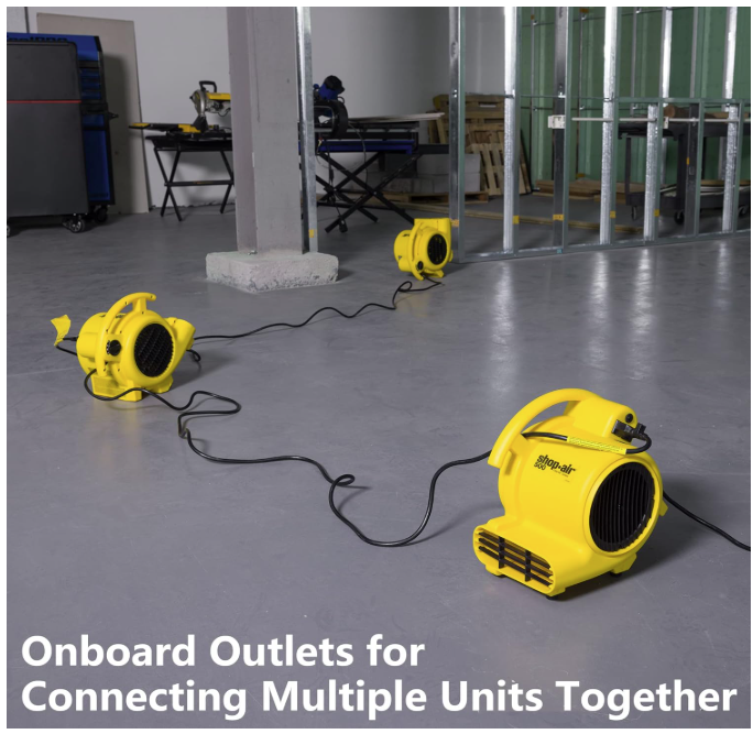 Three yellow Mighty Mini Shop Vac ventilators connected by power cables on a gray concrete floor in construction setting