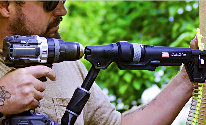 Corded electric drill with Simpson Quick Drive screw fastening adapter for automatic repetitive screwing tasks