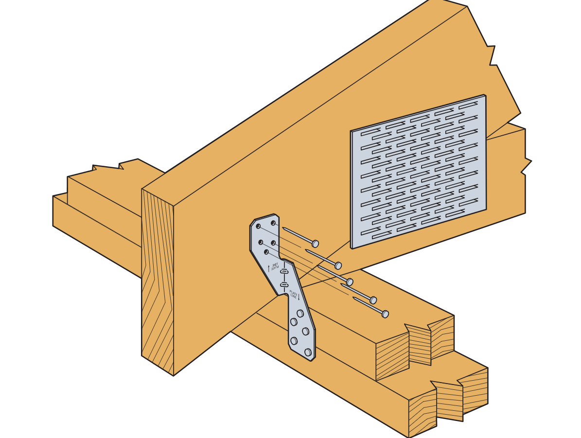 H2.5A 10-gauge hurricane tie metal bracket securing wood rafters with screws for lateral load resistance