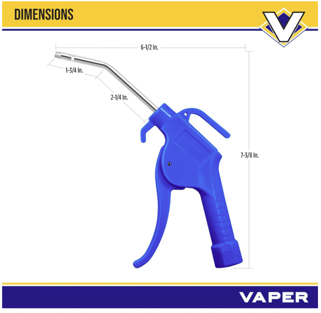 Blue 4-inch air blow gun with ergonomic handle and curved metal nozzle, dimensions labeled for precise measurement