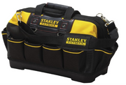 Stanley FatMax 18-inch tool bag with multiple exterior pockets, padded handles, shoulder strap, and durable base plate
