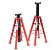 Pair of 10 ton red steel jack stands with adjustable height, four-legged base, and safety locking pin for heavy vehicle support