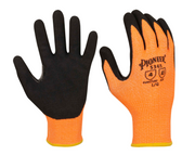 Pair of lightweight orange and black cut-resistant work gloves with touchscreen-compatible fingertips and breathable fabric