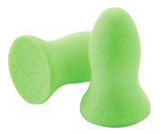 Pair of bright green Moldex 6870 Meteors earplugs designed for comfort, fit, and NRR 33 dB hearing protection.