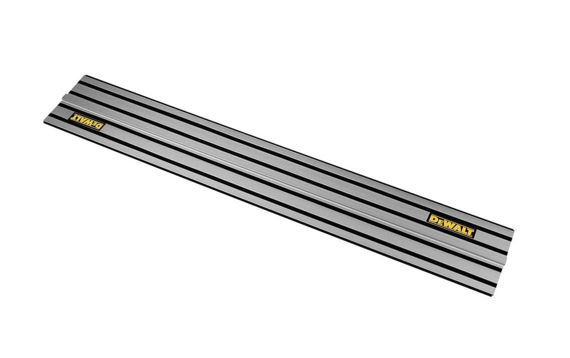 46-inch aluminum rail track saw guide with black anti-slip strips and yellow DeWalt branding for precise straight cuts