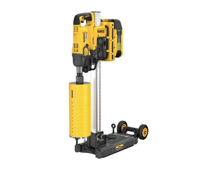 60V MAX DEWALT Powershift core drill with 3-speed motor, heavy-duty stand, and durable yellow drill bit attachment