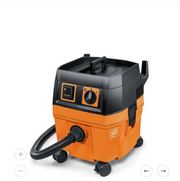 Orange and black wet/dry vacuum cleaner with powerful turbine, 6m cable, low noise, and wheeled base for mobility