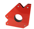Red triangular magnetic welding holder with 75 lb capacity and central circular cutout for pipe positioning