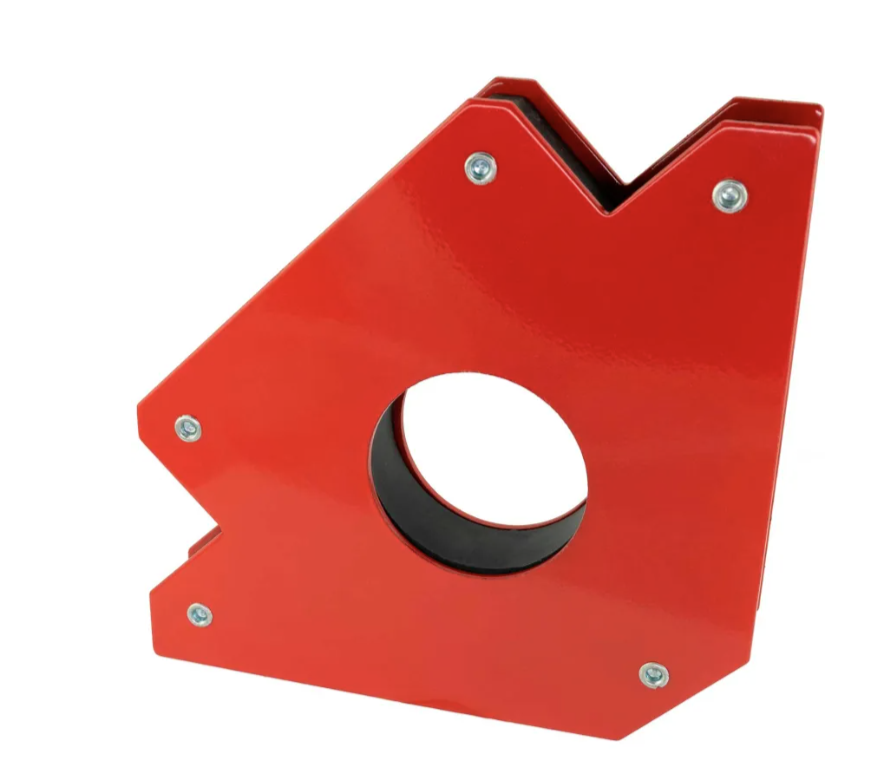 Red triangular magnetic welding holder with 75 lb capacity and central circular cutout for pipe positioning