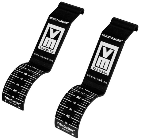 Pair of black Van Mark multi-angle guide gauges with white measurement markings for metal bending and trim cutting alignment