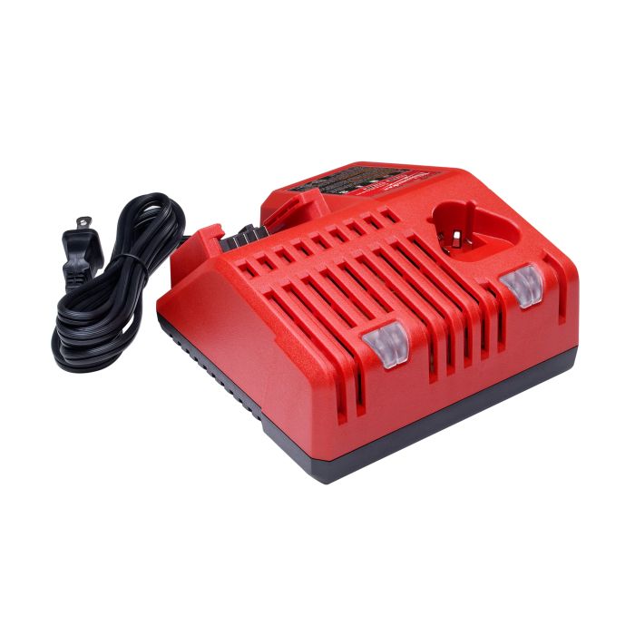 Red Milwaukee M18/M12 battery charger with ventilation slots and attached power cord for efficient charging.