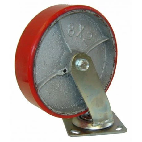 6"x2" industrial swivel caster wheel with red polyurethane tread, metal core, and mounting plate, 1300 lb capacity.