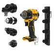 20V cordless DeWalt multi-head drill with brushless motor, four interchangeable attachments, and compact ergonomic design