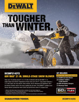 SOUFFLEUSE À NEIGE SANS FIL DEWALT 21" 60V FLEXVOLT, 2 x DCB612 - DCSNP2142Y2-CA