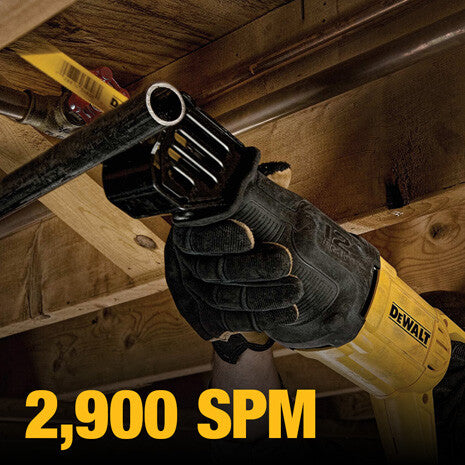 DeWalt 13 AMP reciprocating saw cutting metal pipe with ergonomic grip and variable speed of 2,900 SPM