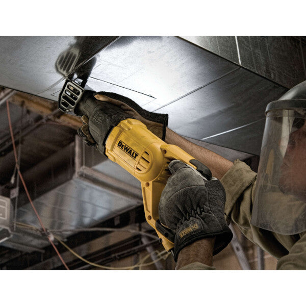 DeWalt 13 AMP reciprocating saw with demolition blade cutting metal ductwork, worn protective gloves and face shield visible