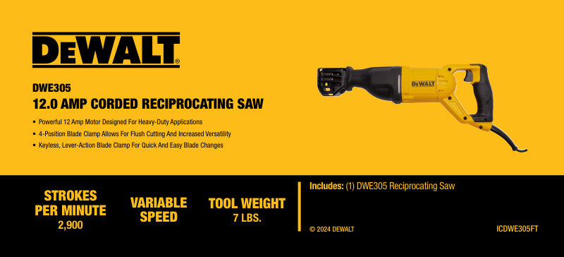 DeWalt DWE305 12 AMP corded reciprocating saw with variable speed, 7 lbs weight, and 2900 strokes per minute