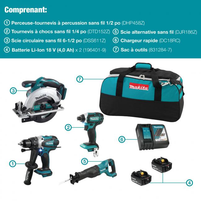 Cordless Makita 4-tool kit with drill driver, impact driver, circular saw, reciprocating saw, two 18V 4.0Ah batteries, charger, and bag