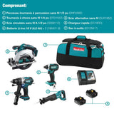 Cordless Makita 4-tool kit with drill driver, impact driver, circular saw, reciprocating saw, two 18V 4.0Ah batteries, charger, and bag