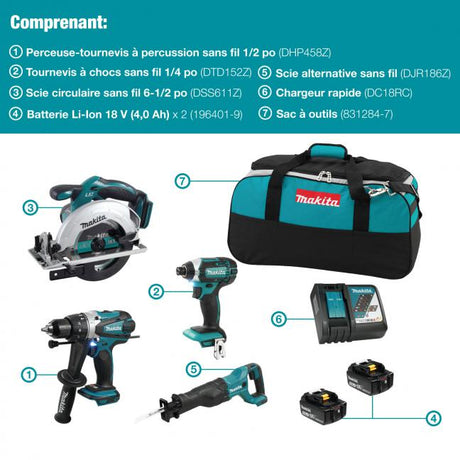 Cordless Makita 4-tool kit with drill driver, impact driver, circular saw, reciprocating saw, two 18V 4.0Ah batteries, charger, and bag