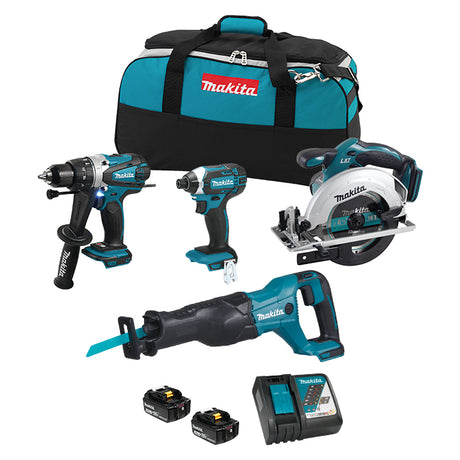 Cordless Makita 4-tool kit with 1/2" hammer drill, 1/4" impact driver, 6.5" circular saw, reciprocating saw, two batteries, charger, and bag
