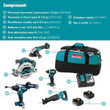 Makita cordless 5-tool kit with brushless motors, 18V 5.0Ah batteries, charger, and carrying bag.