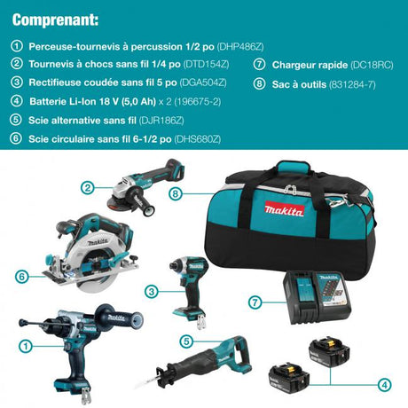 Makita cordless 5-tool kit with brushless motors, 18V 5.0Ah batteries, charger, and carrying bag.