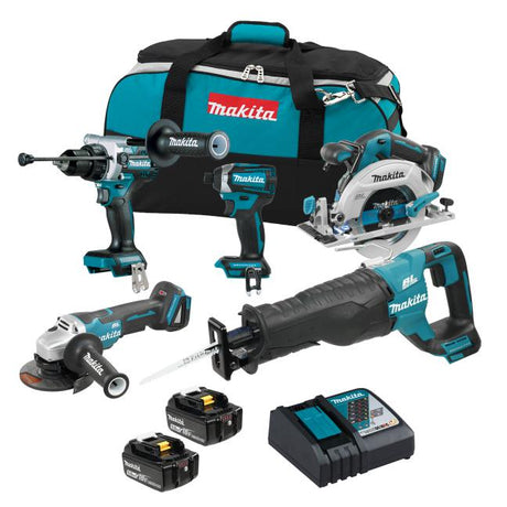 Makita 5-tool cordless brushless kit with impact drill, impact driver, circular saw, grinder, reciprocating saw, batteries, charger, and bag