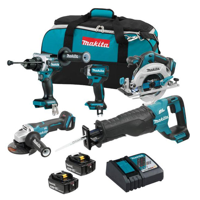 Makita 5-tool cordless brushless kit with impact drill, impact driver, circular saw, grinder, reciprocating saw, batteries, charger, and bag